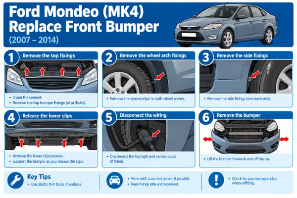 Ford Mondeo Mk4 front bumper cover removed from the car